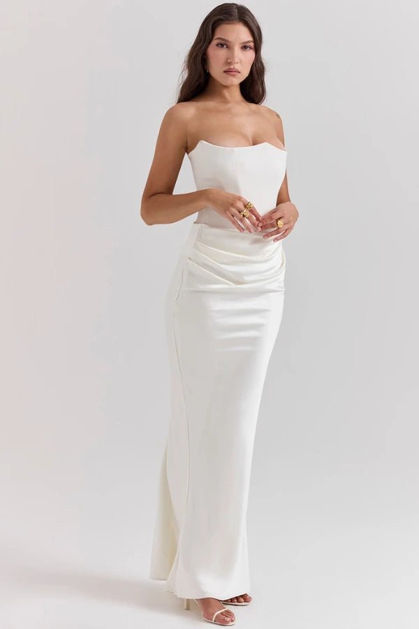 Women's ivory strapless satin evening gown with a sweetheart neck
