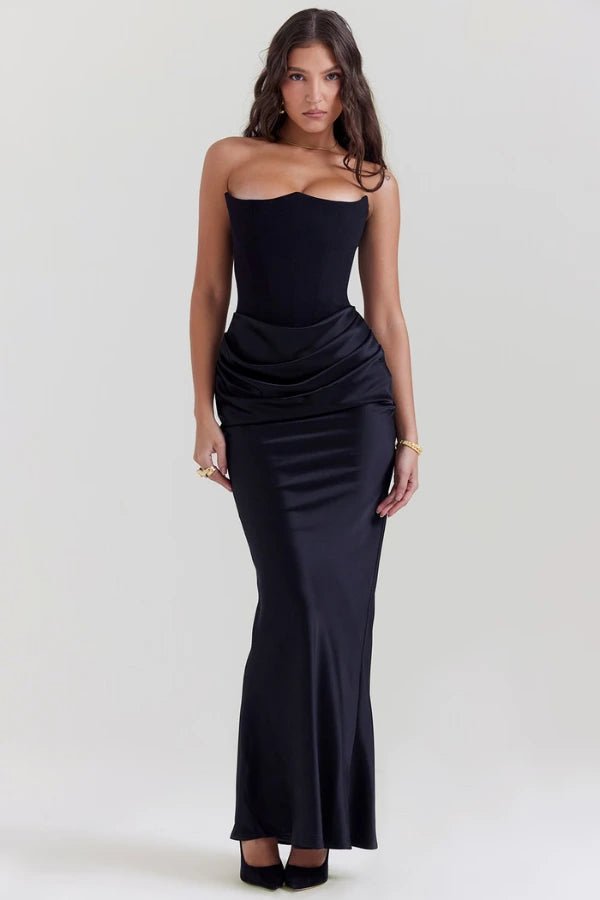 Women's ivory strapless satin evening gown with a sweetheart neck