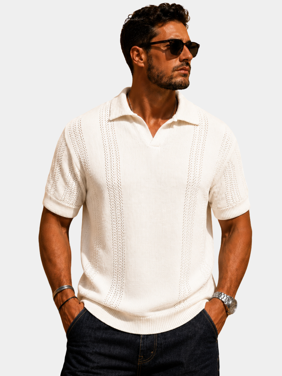 Men's white open knit short-sleeve polo shirt