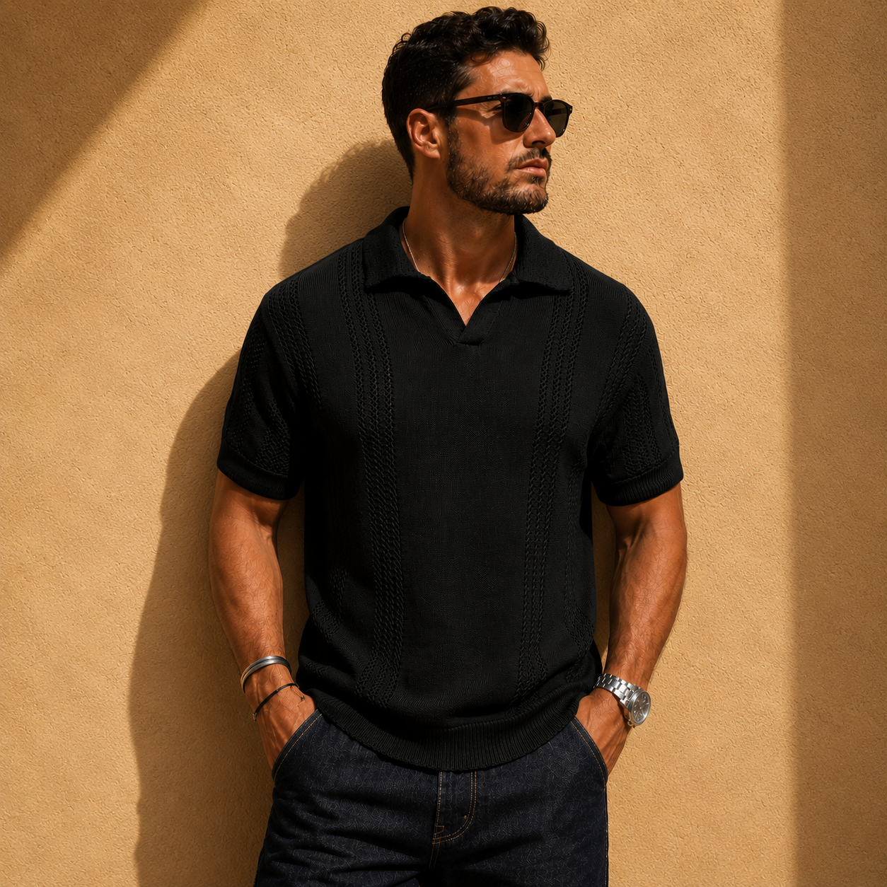 Men's white open knit short-sleeve polo shirt