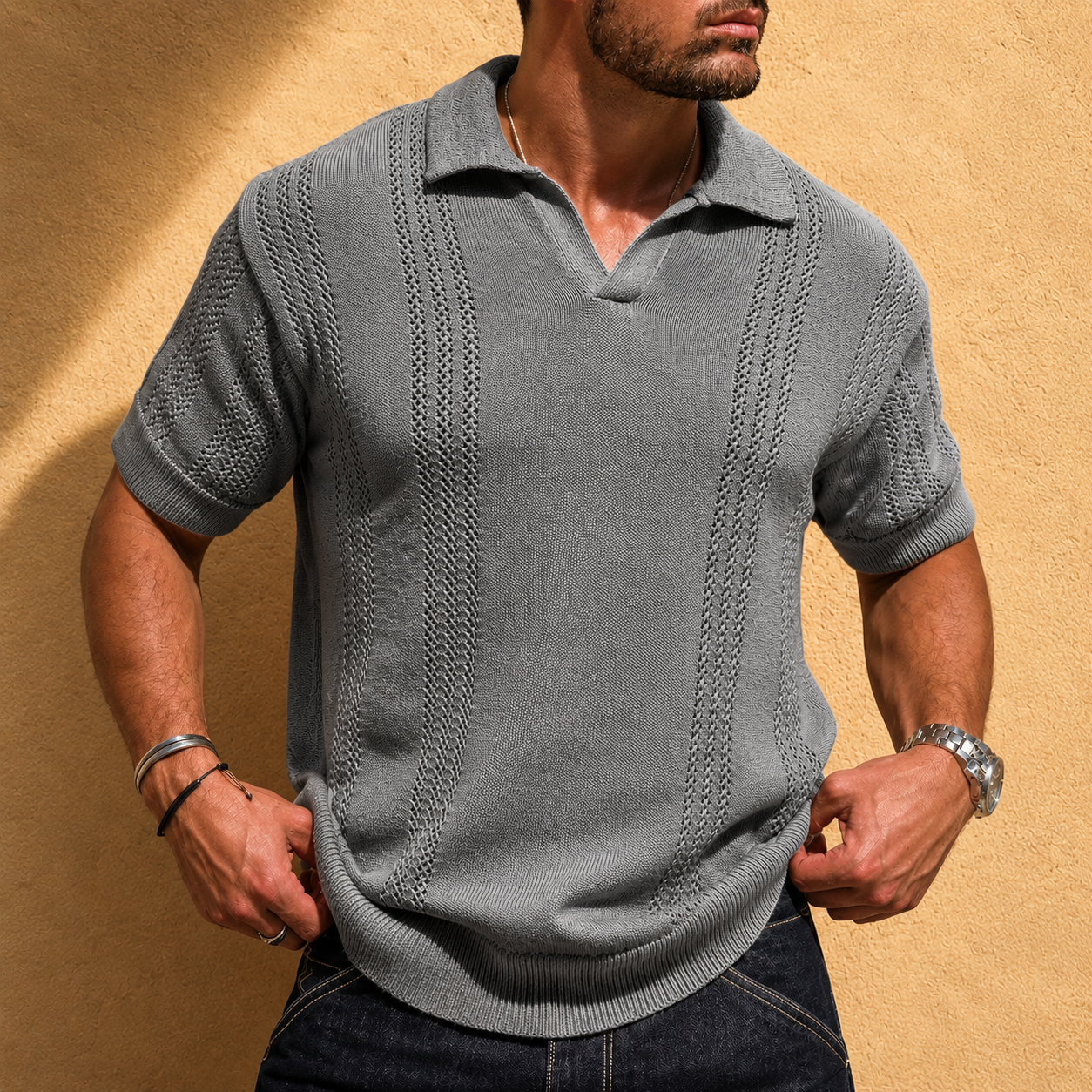 Men's beige open knit short-sleeve polo shirt