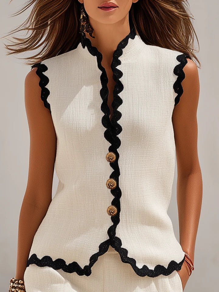 Women's yellow linen top and shorts co-ord set with contrast trim
