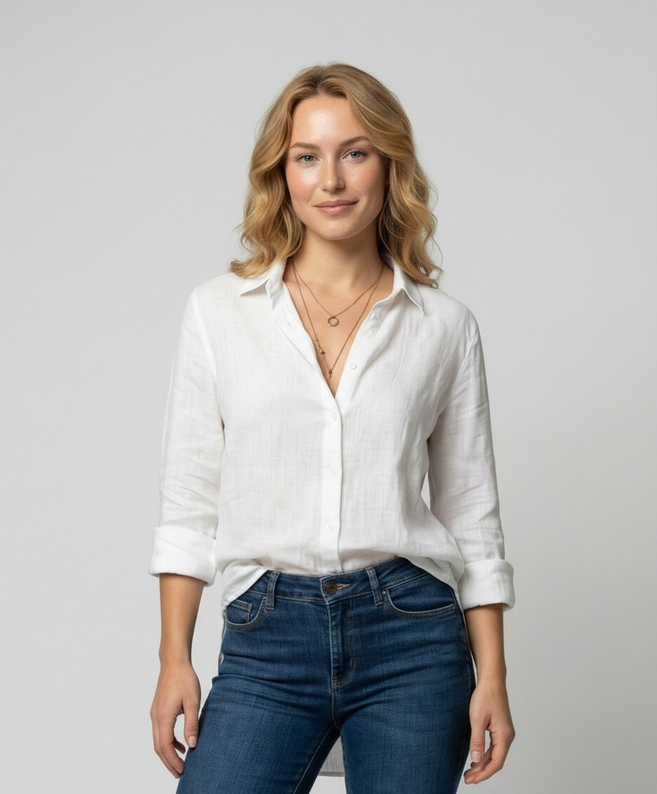 Women's white linen shirt with classic collar and three-quarter sleeves