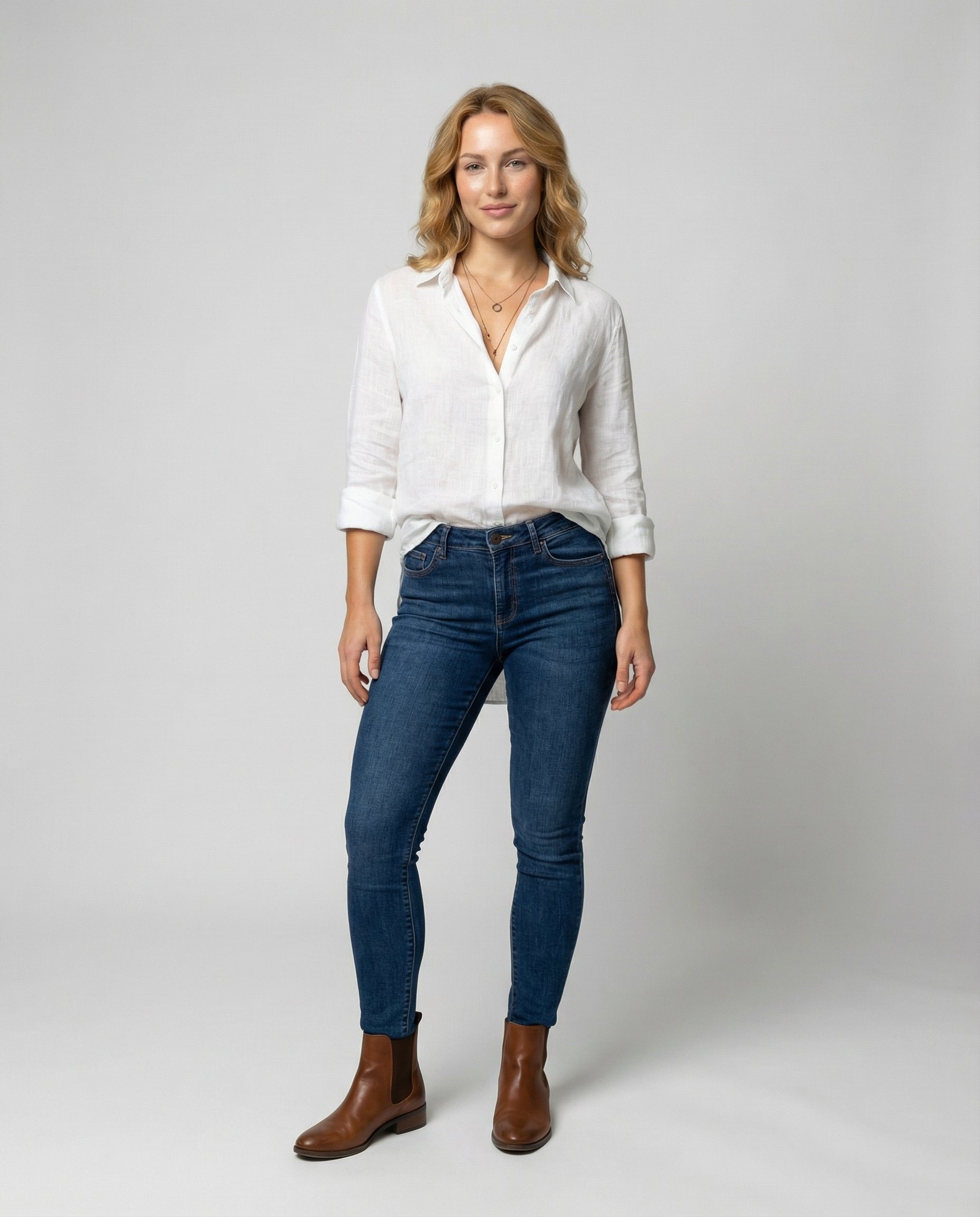 Women's white linen shirt with classic collar and three-quarter sleeves