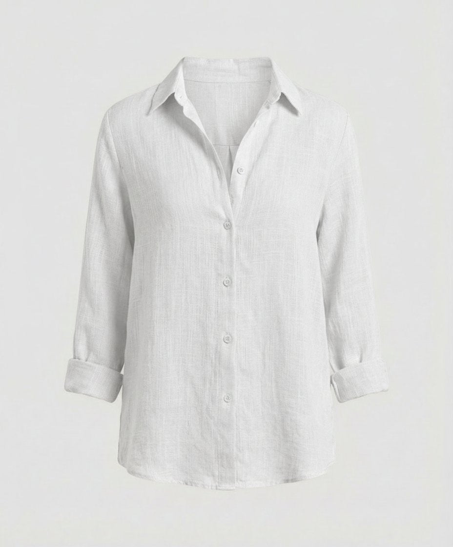 Women's white linen shirt with classic collar and three-quarter sleeves