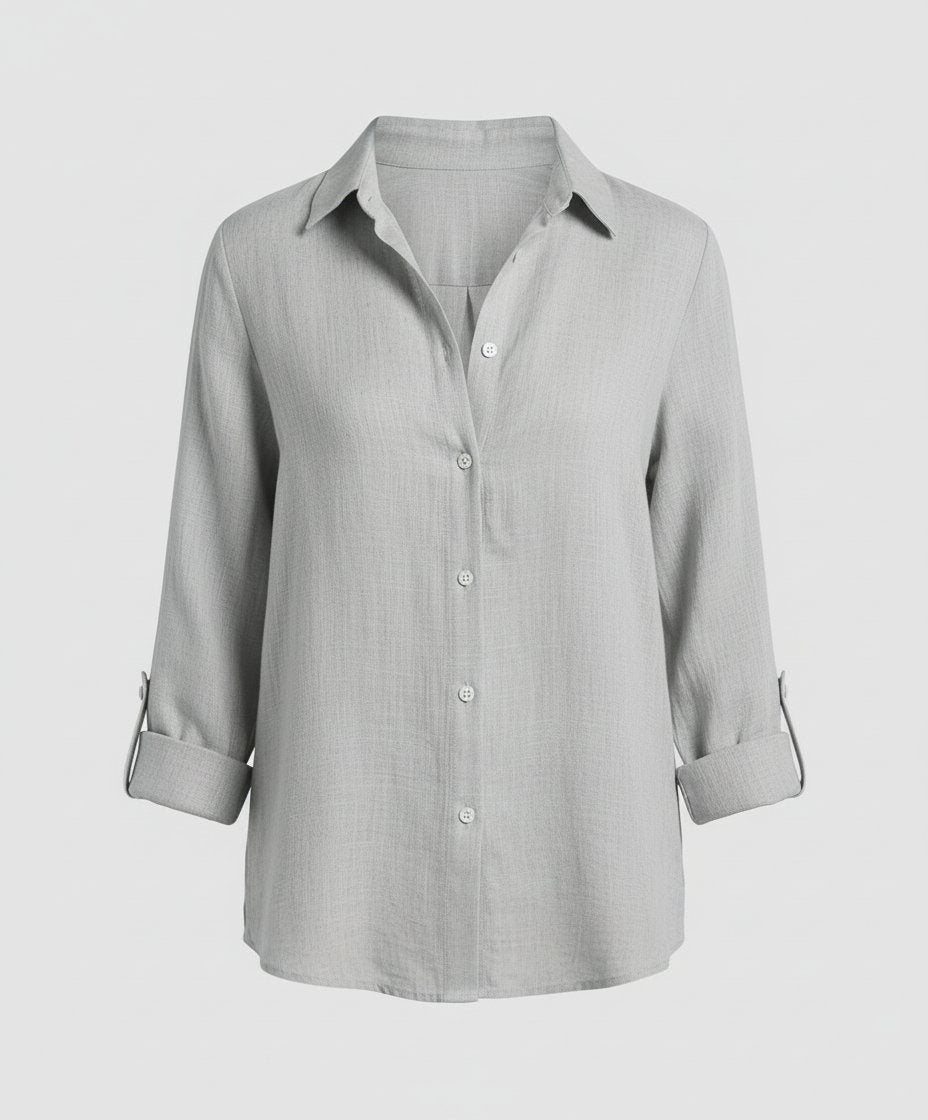 Women's white linen shirt with classic collar and three-quarter sleeves