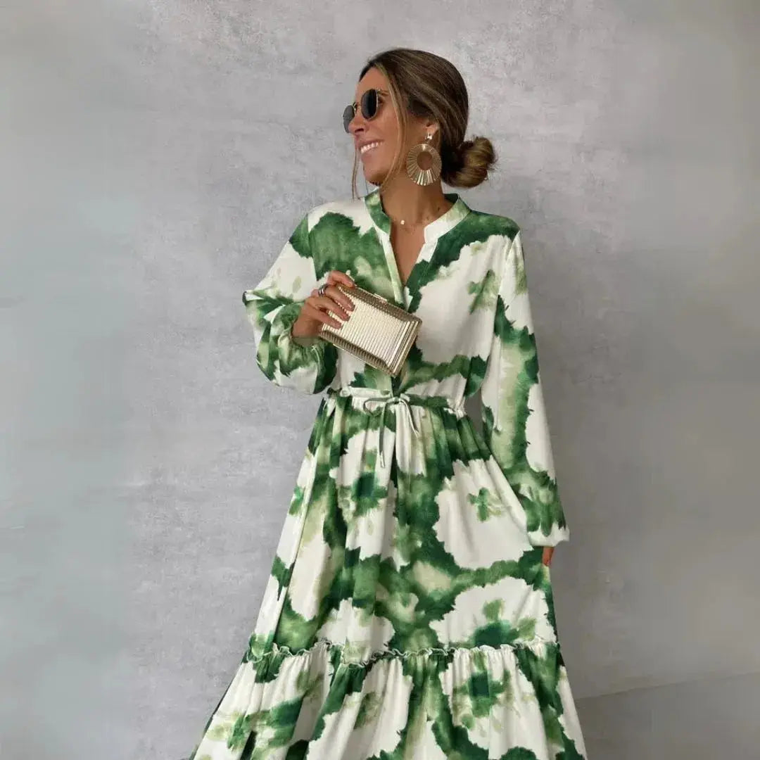 Olivia | Womens Dress Tie Waist Bold Green Print 1