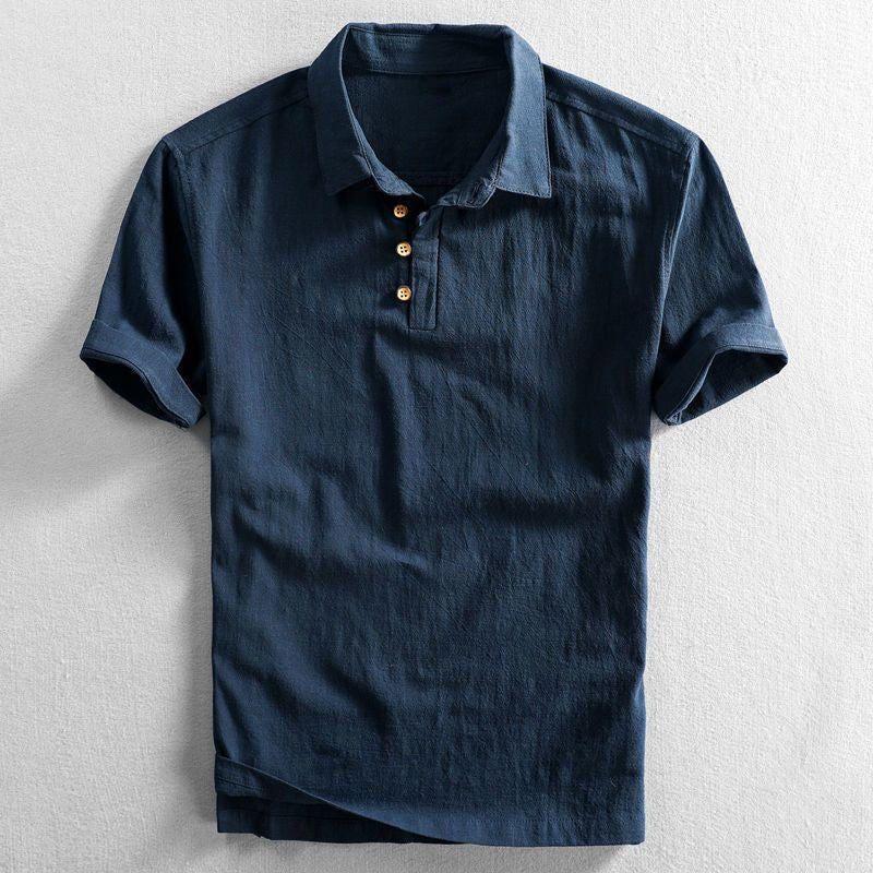Men's dark blue linen polo shirt with short sleeves