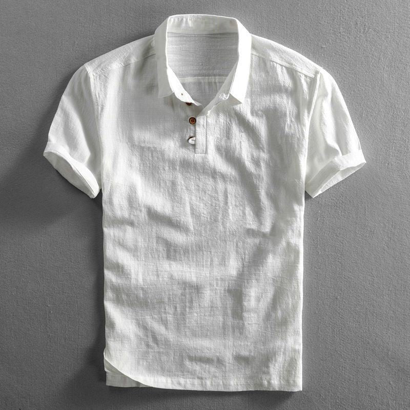 Men's dark blue linen polo shirt with short sleeves