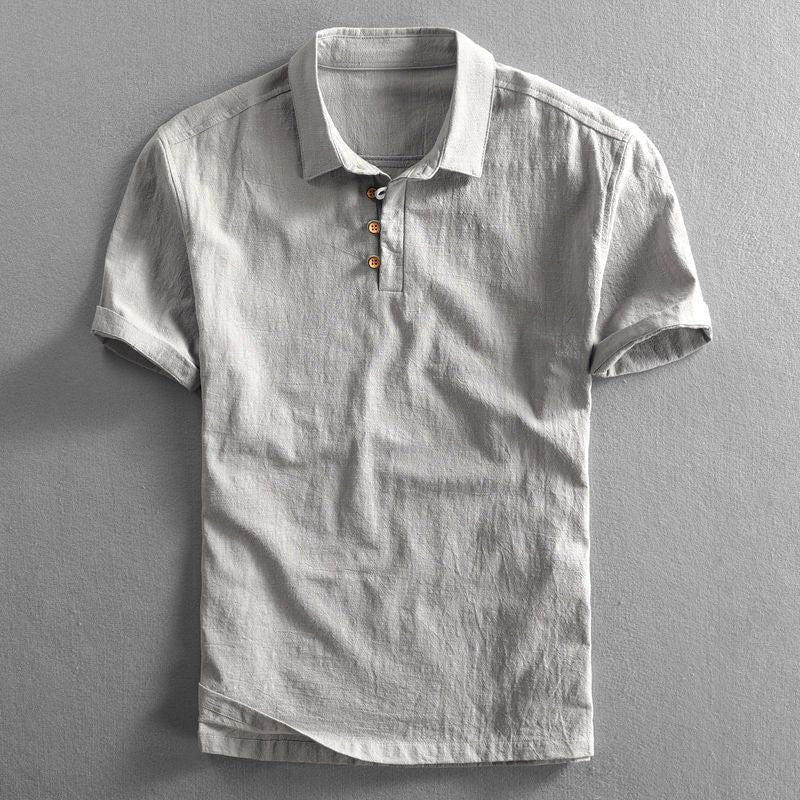Men's dark blue linen polo shirt with short sleeves