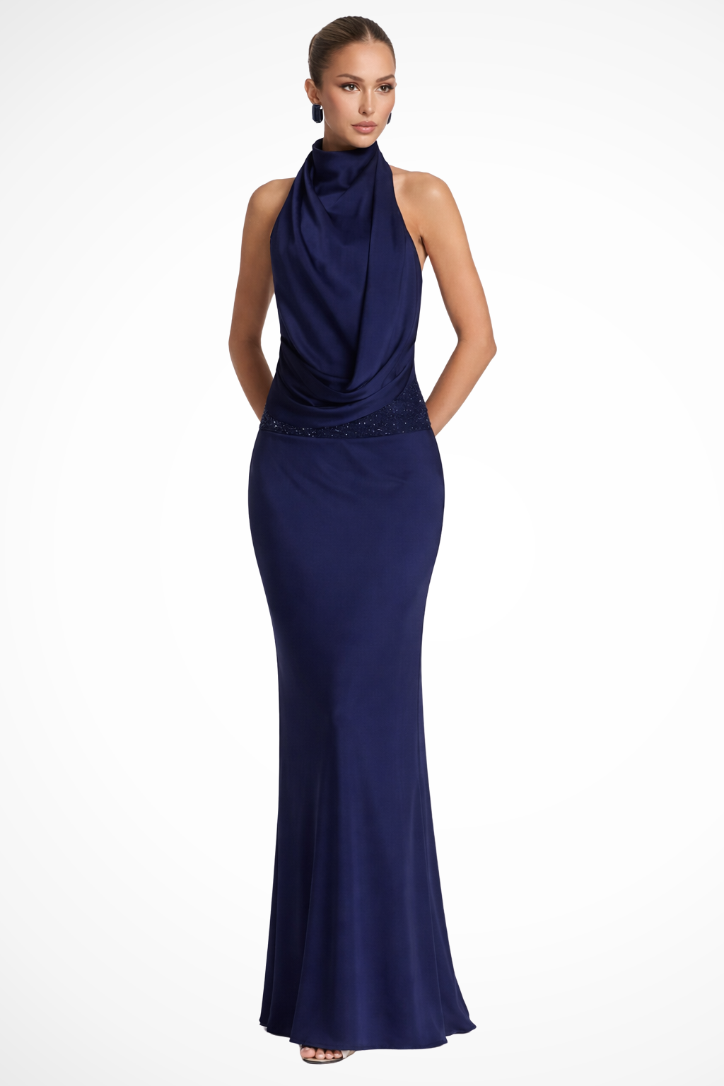 Women's halter neck draped satin maxi dress