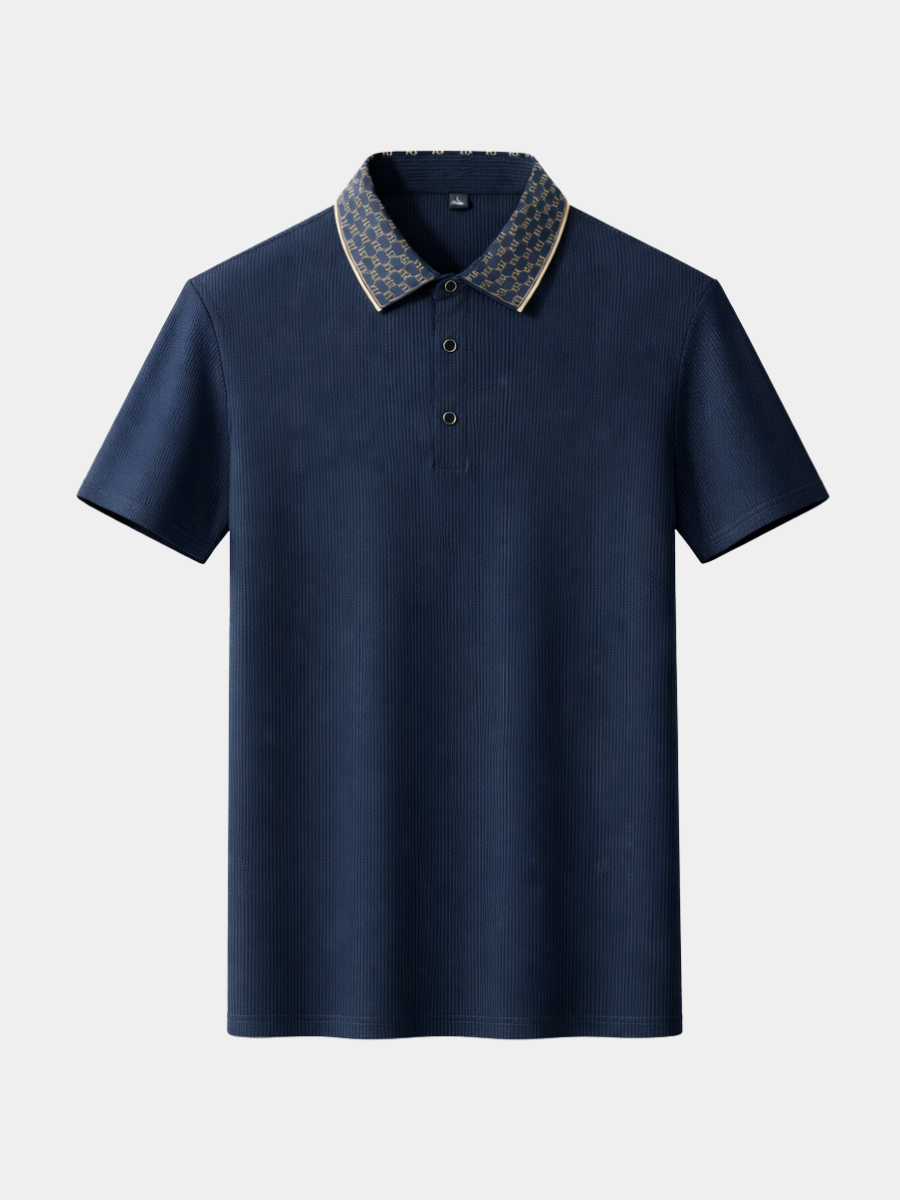 Men's navy blue contrast collar textured polo shirt