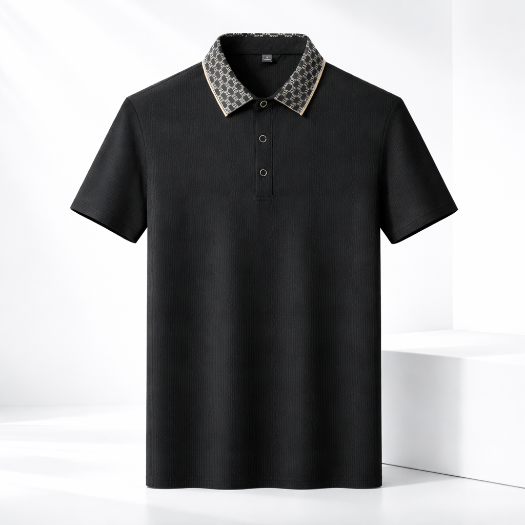 Men's navy blue contrast collar textured polo shirt