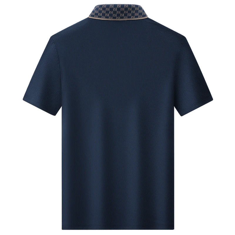 Men's navy blue contrast collar textured polo shirt