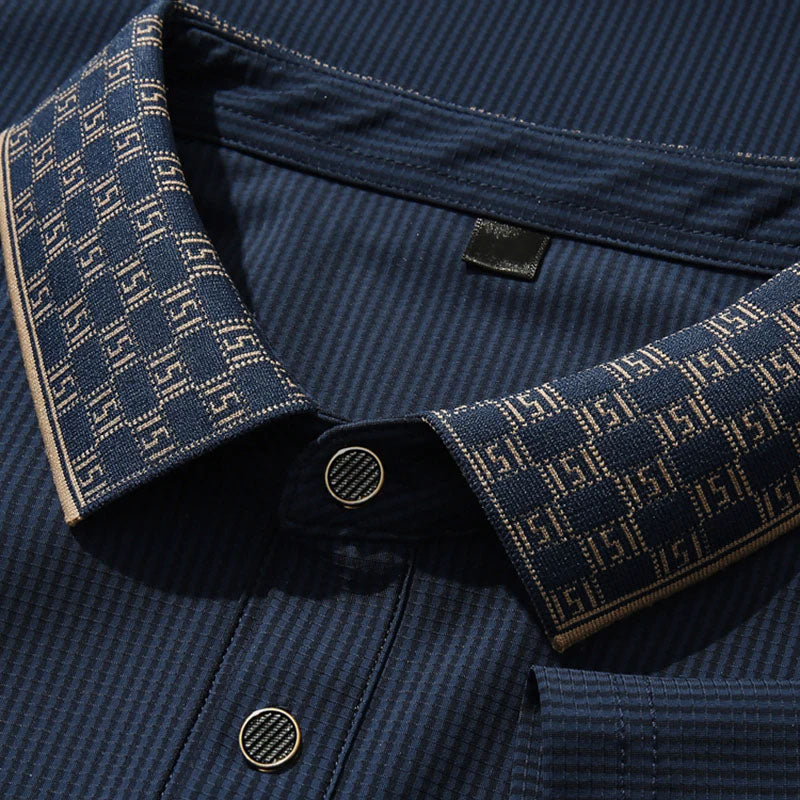 Men's navy blue contrast collar textured polo shirt