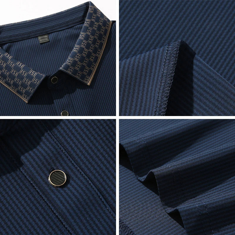 Men's navy blue contrast collar textured polo shirt