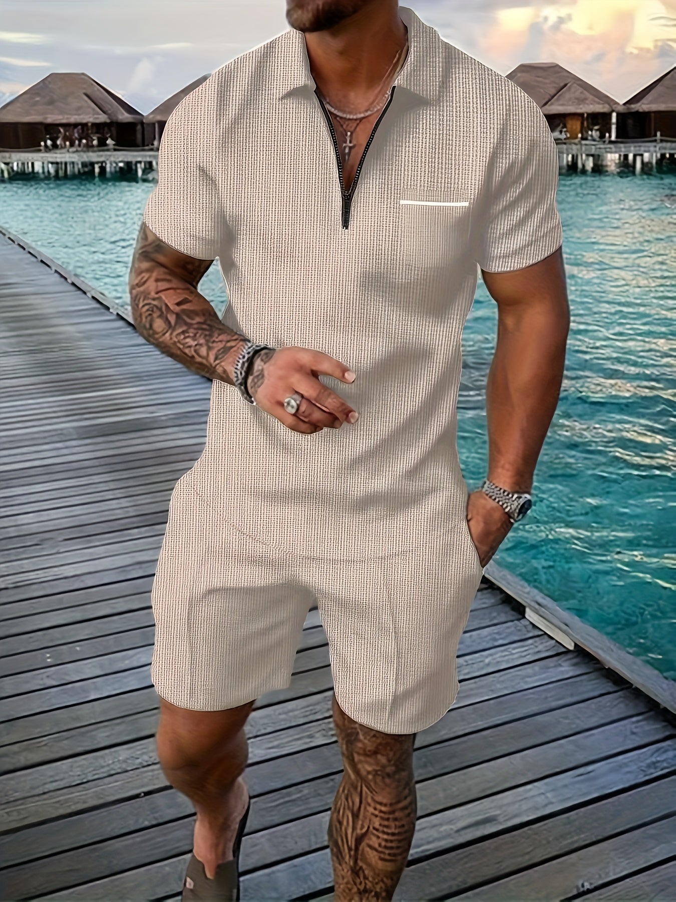 Men's beige polo and shorts co-ord set