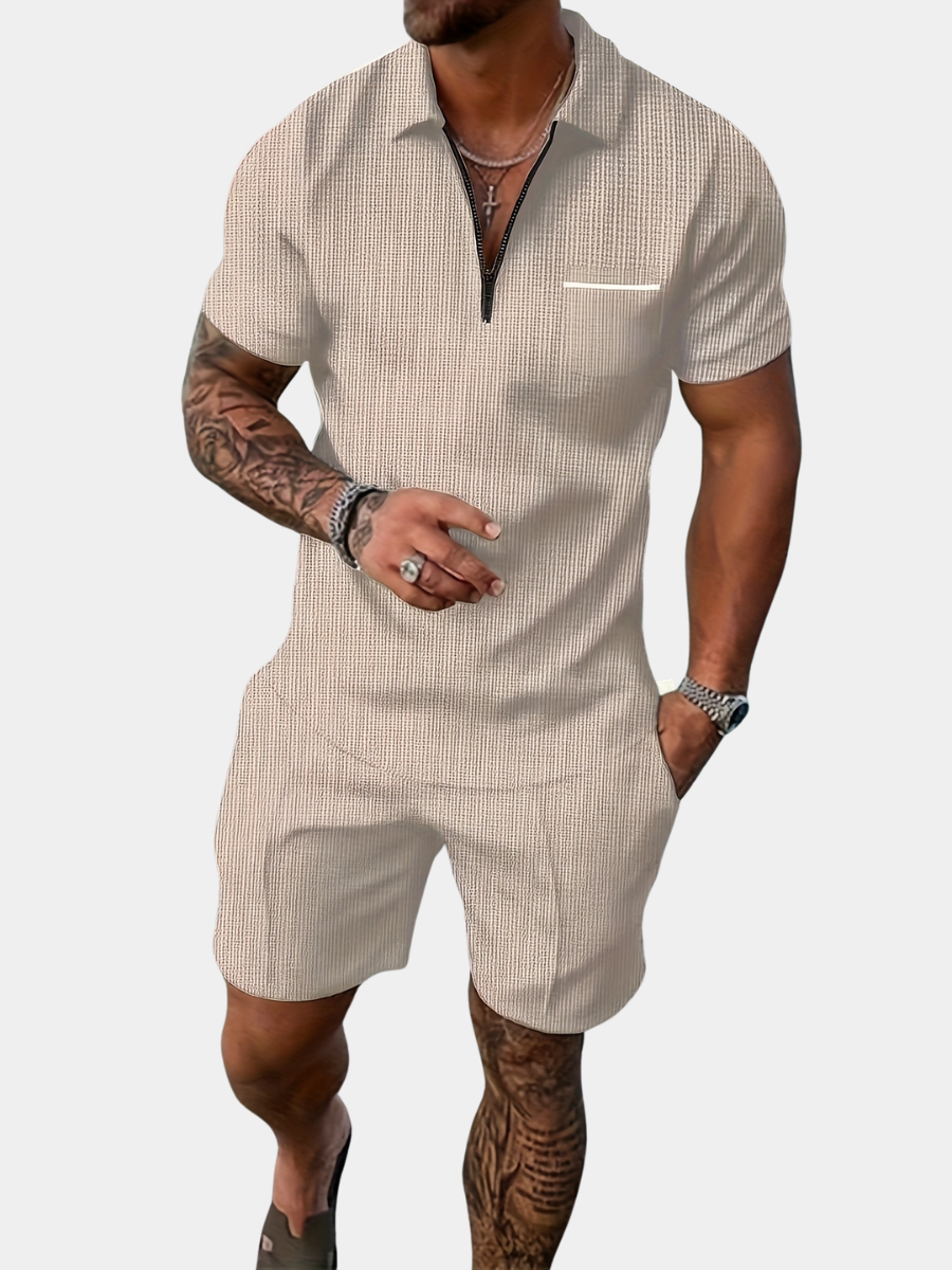 Men's beige polo and shorts co-ord set