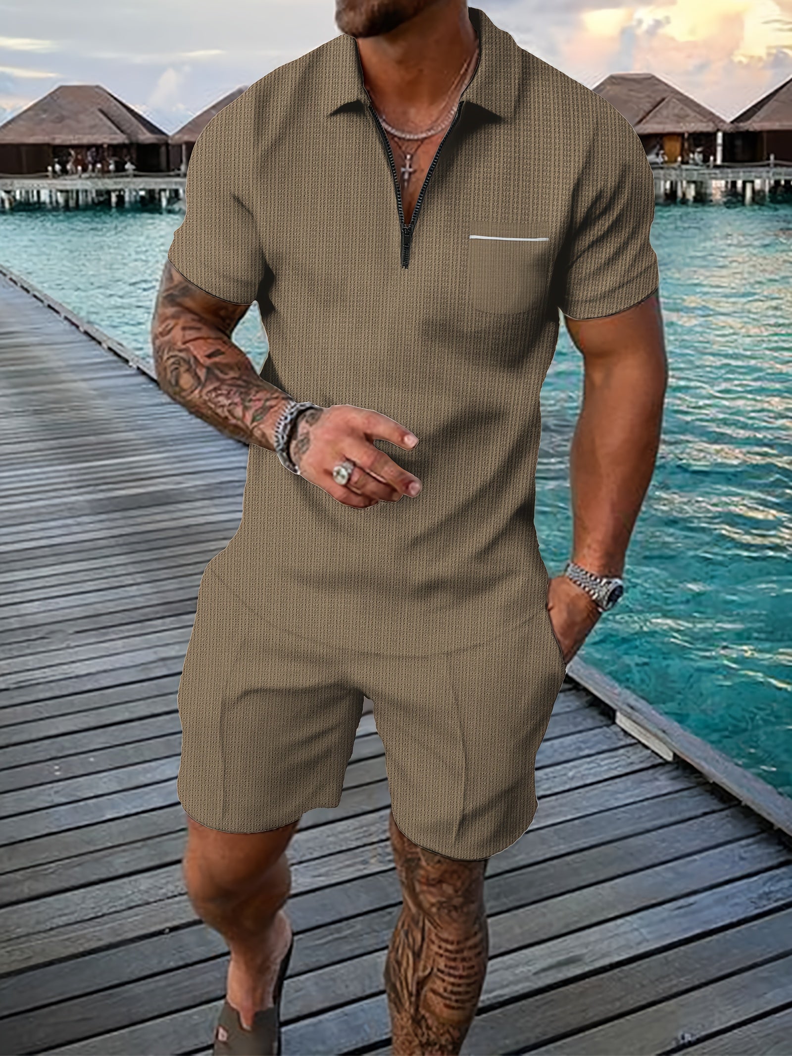 Men's beige polo and shorts co-ord set