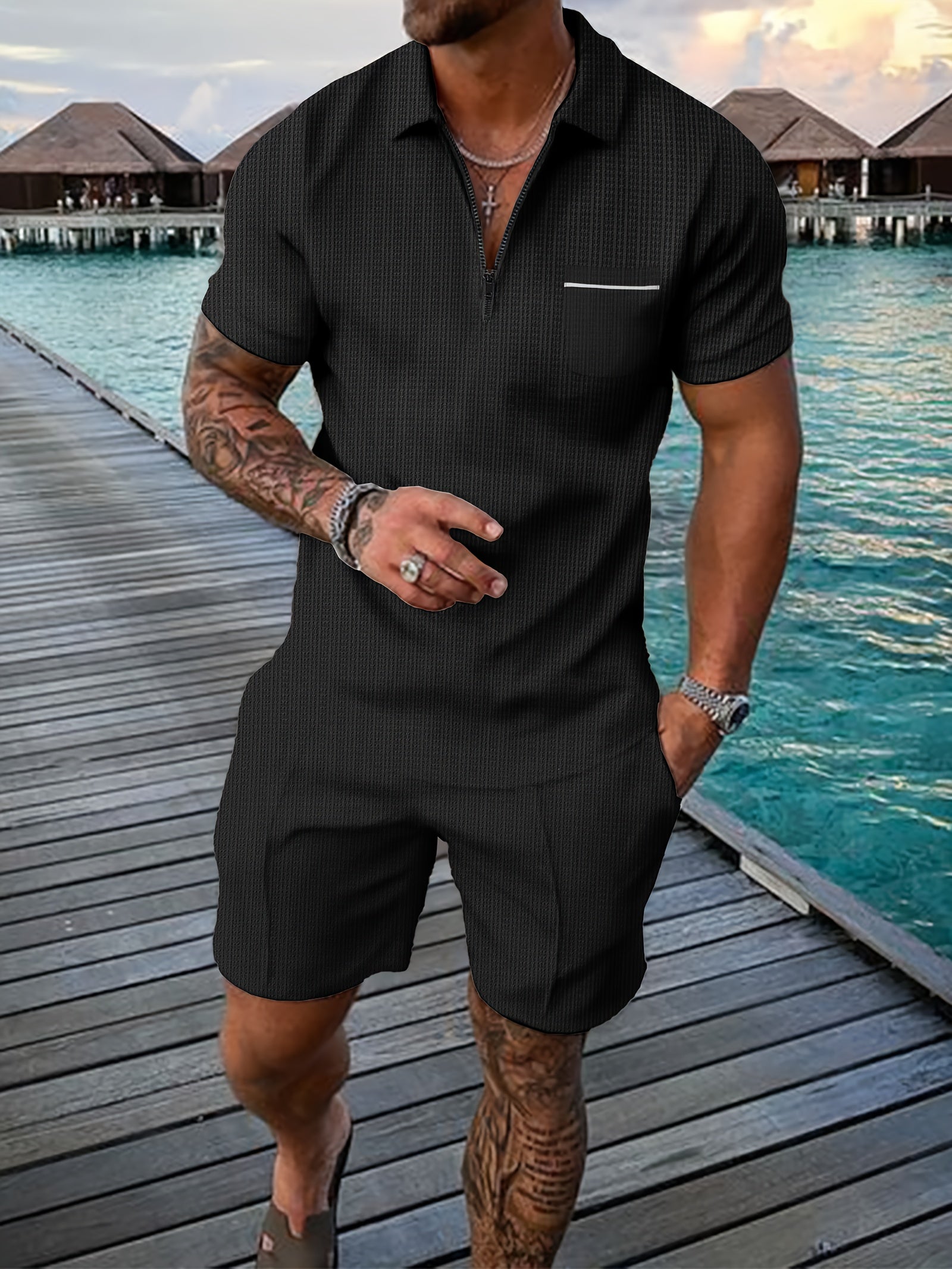 Men's beige polo and shorts co-ord set