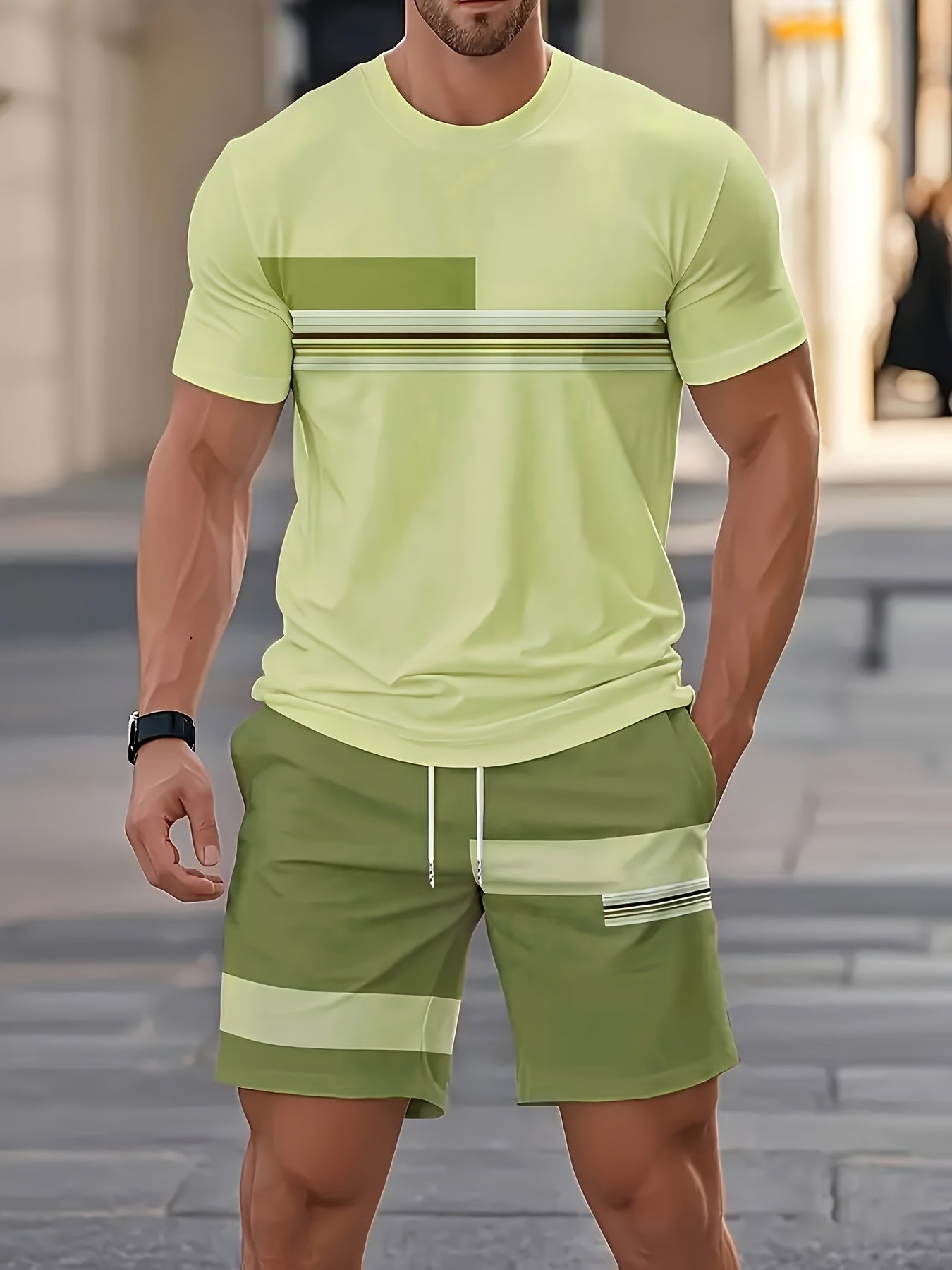 Men's beige printed t-shirt and shorts co-ord set