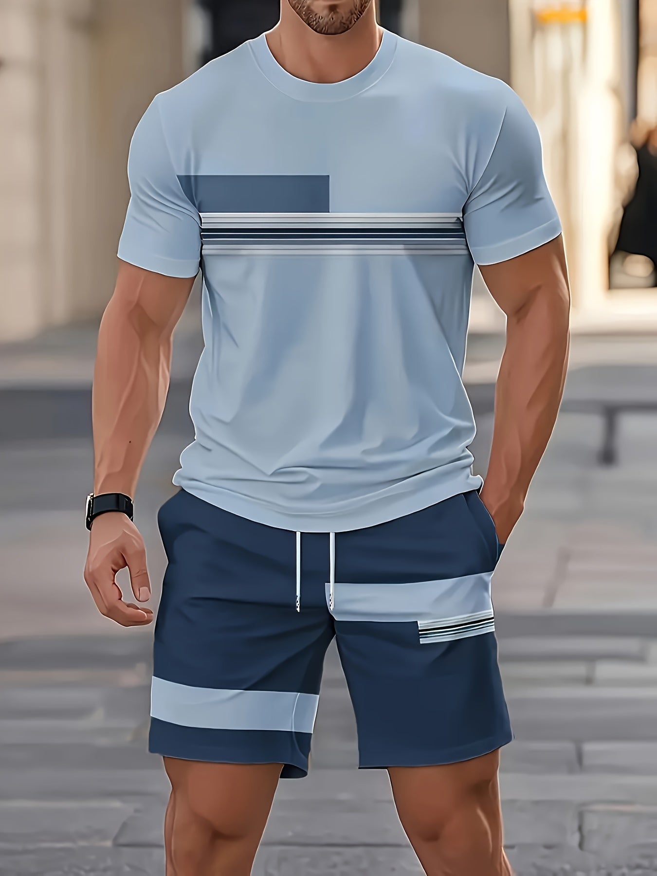 Men's beige printed t-shirt and shorts co-ord set