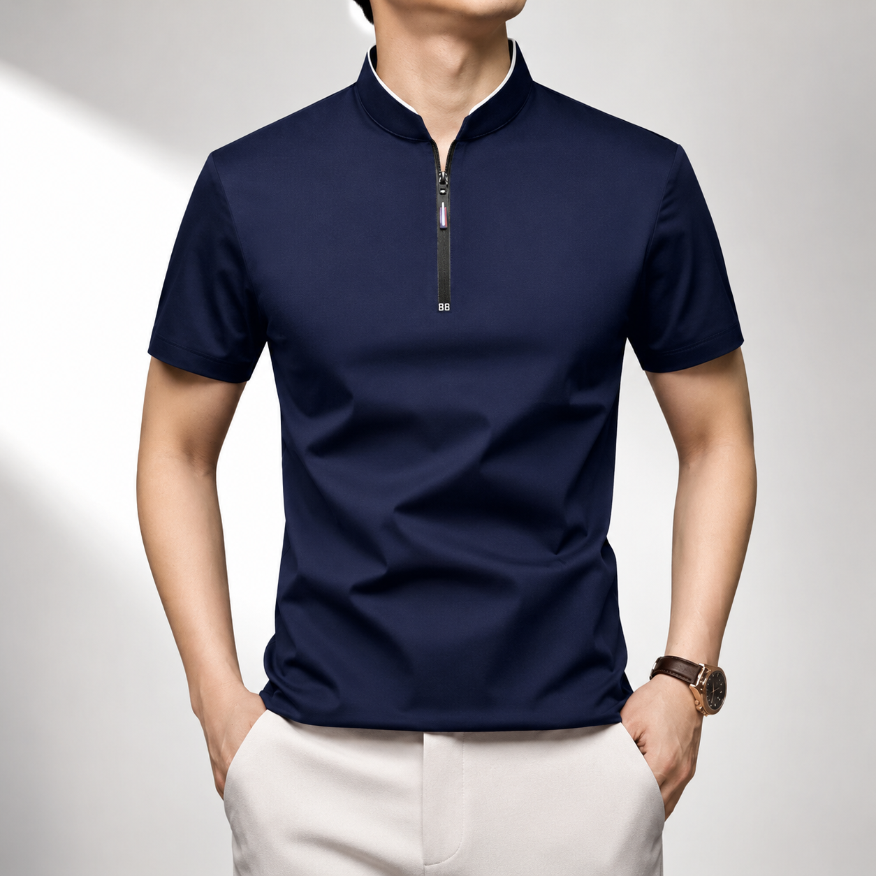 Men's white quarter-zip short-sleeve polo shirt