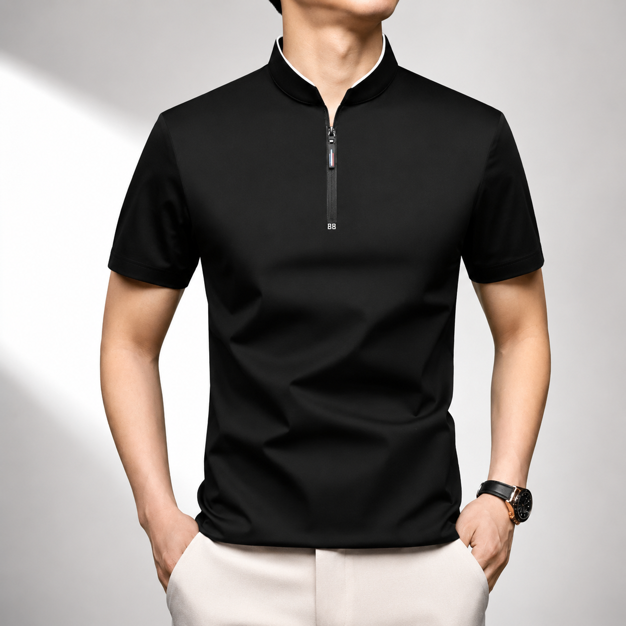 Men's white quarter-zip short-sleeve polo shirt