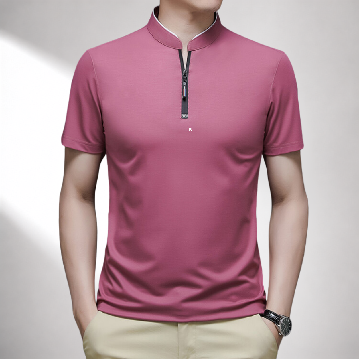 Men's white quarter-zip short-sleeve polo shirt