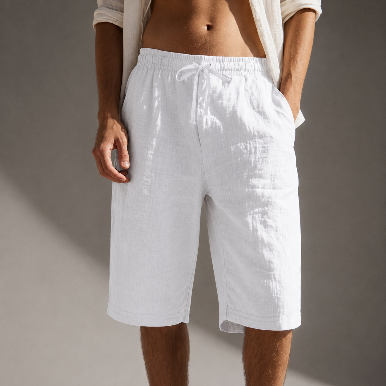 Men's white relaxed fit linen drawstring shorts