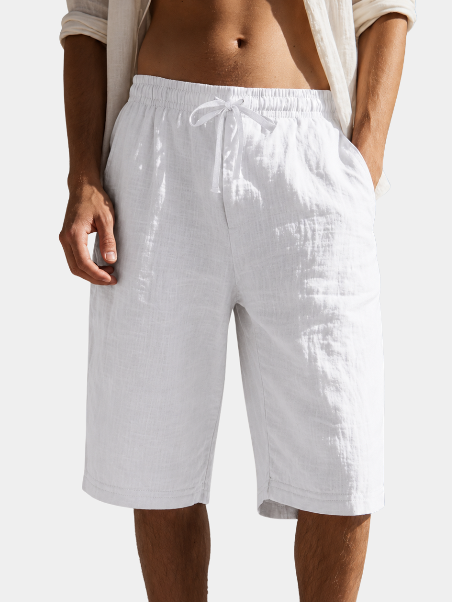 Men's white relaxed fit linen drawstring shorts