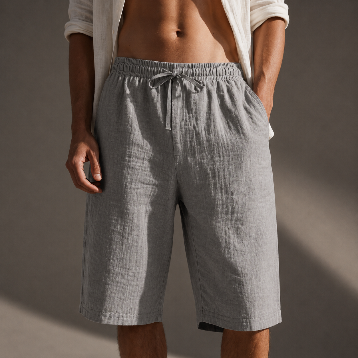 Men's white relaxed fit linen drawstring shorts