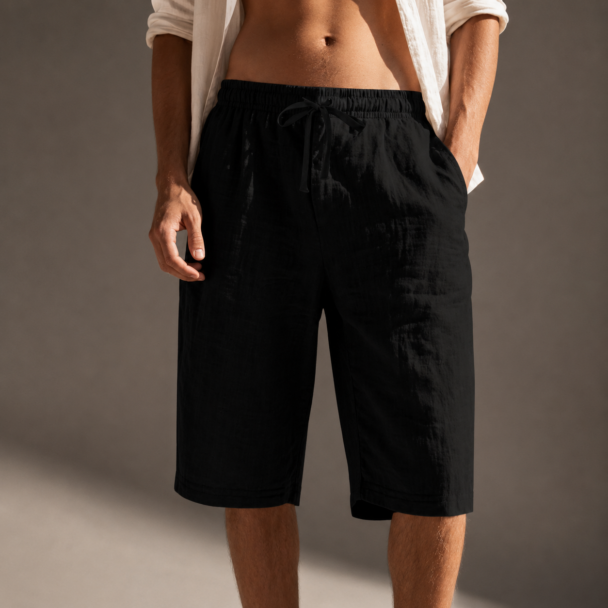 Men's beige relaxed fit linen drawstring shorts