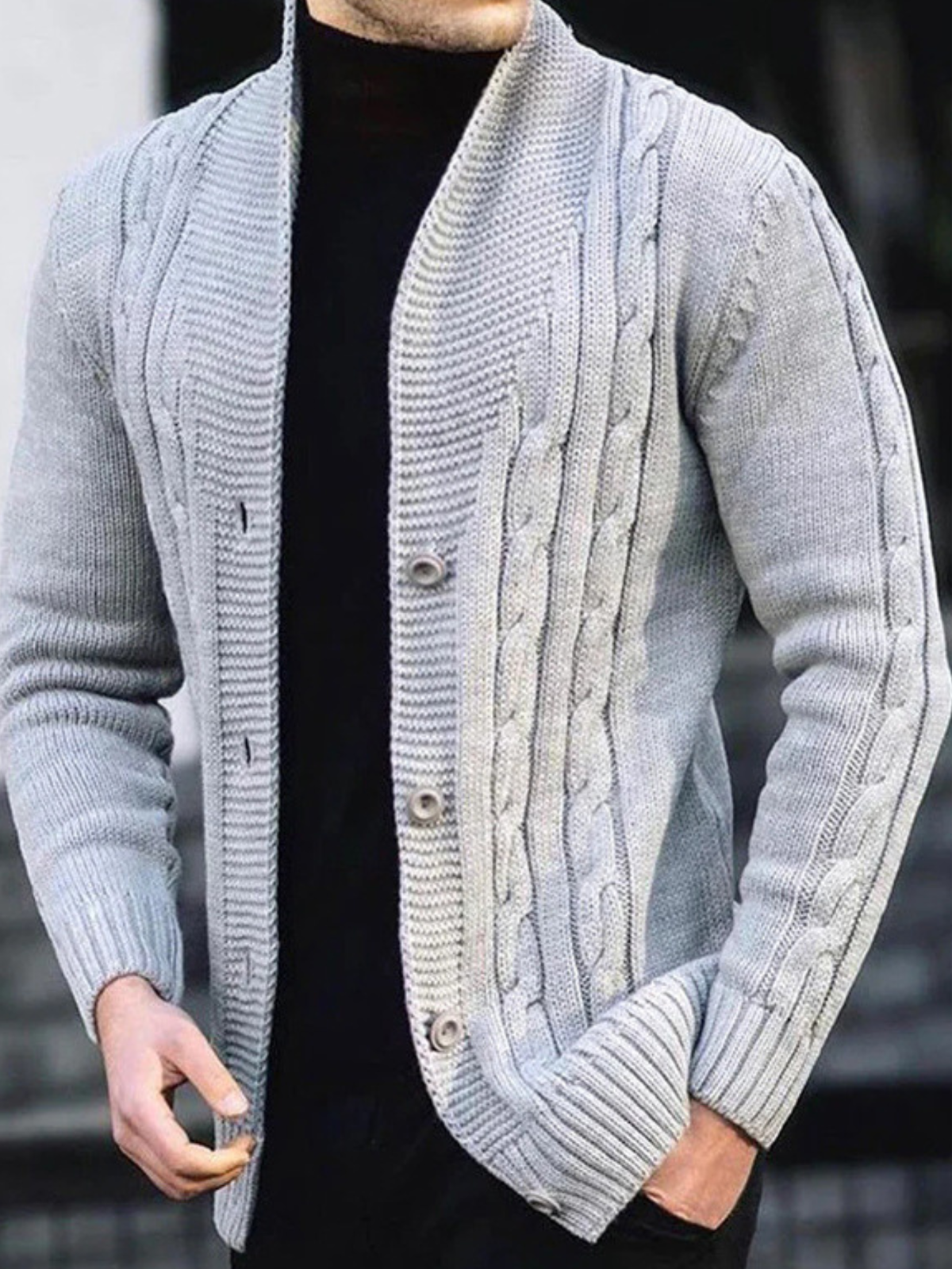 Men's white ribbed knit jumper with a wide collar for autumn layering