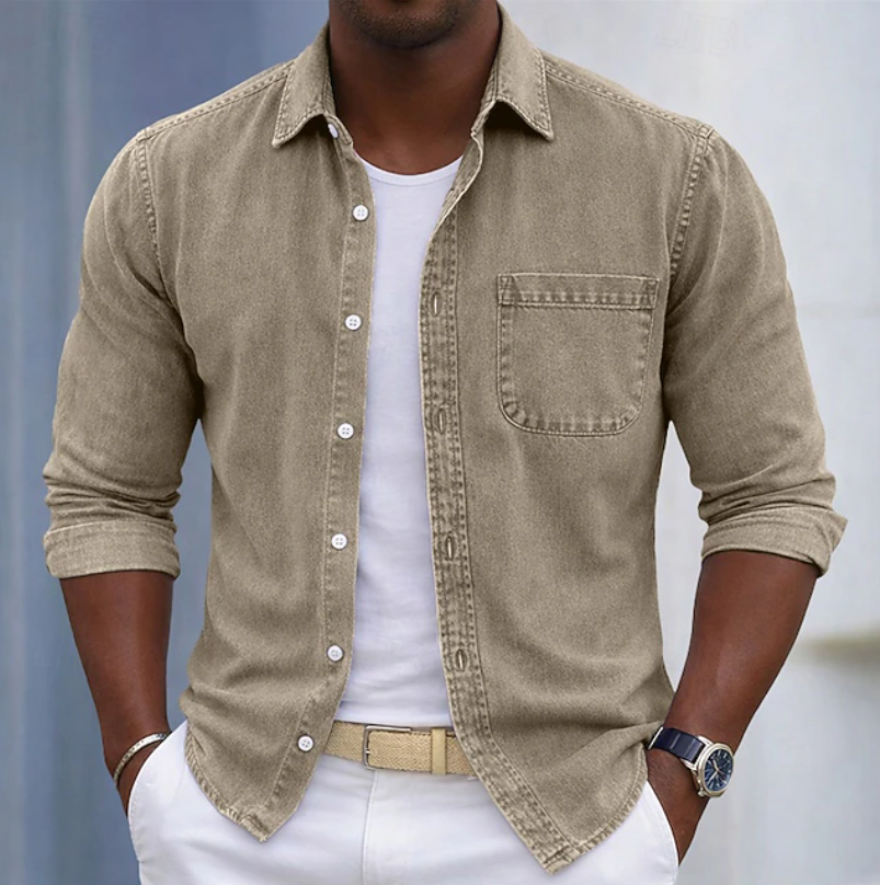 Men's beige cotton long-sleeve shirt with roll-up cuffs