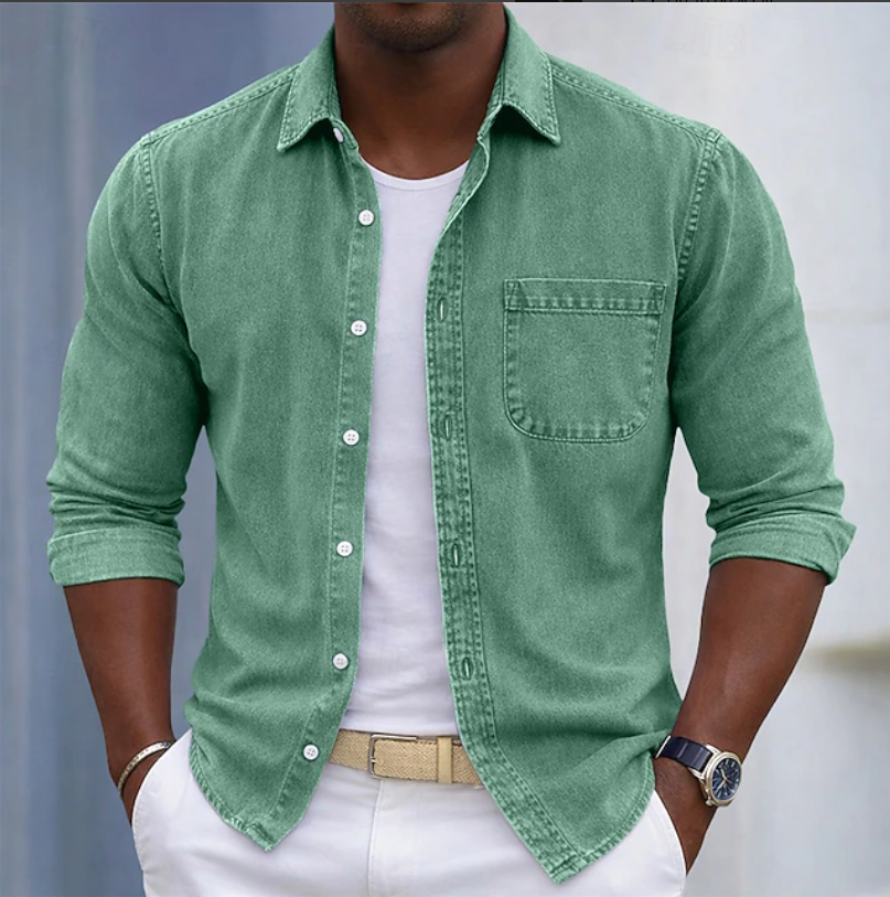Men's beige cotton long-sleeve shirt with roll-up cuffs