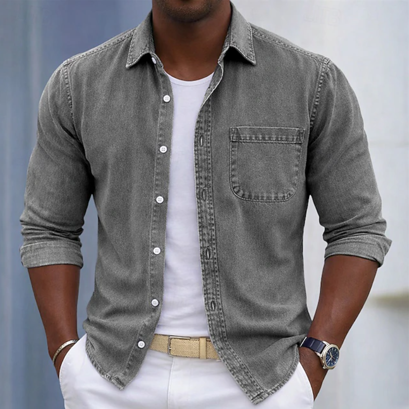 Men's beige cotton long-sleeve shirt with roll-up cuffs