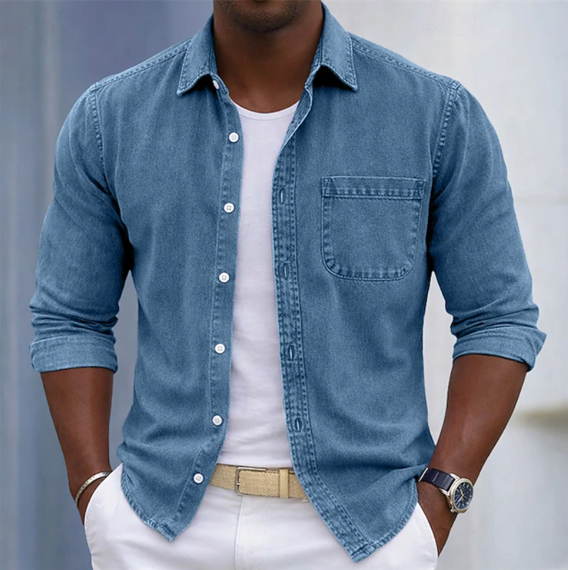 Men's beige cotton long-sleeve shirt with roll-up cuffs