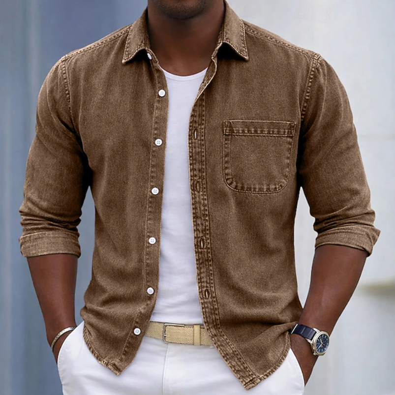 Men's purple cotton long-sleeve shirt with roll-up cuffs