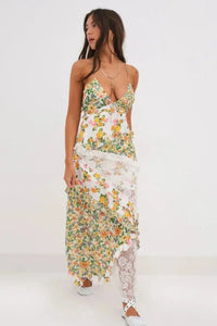 Women's Floral Maxi Dress Ruffle Plunging Neckline