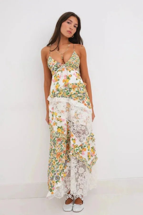 Women's green floral maxi dress with a plunging neckline and ruffles