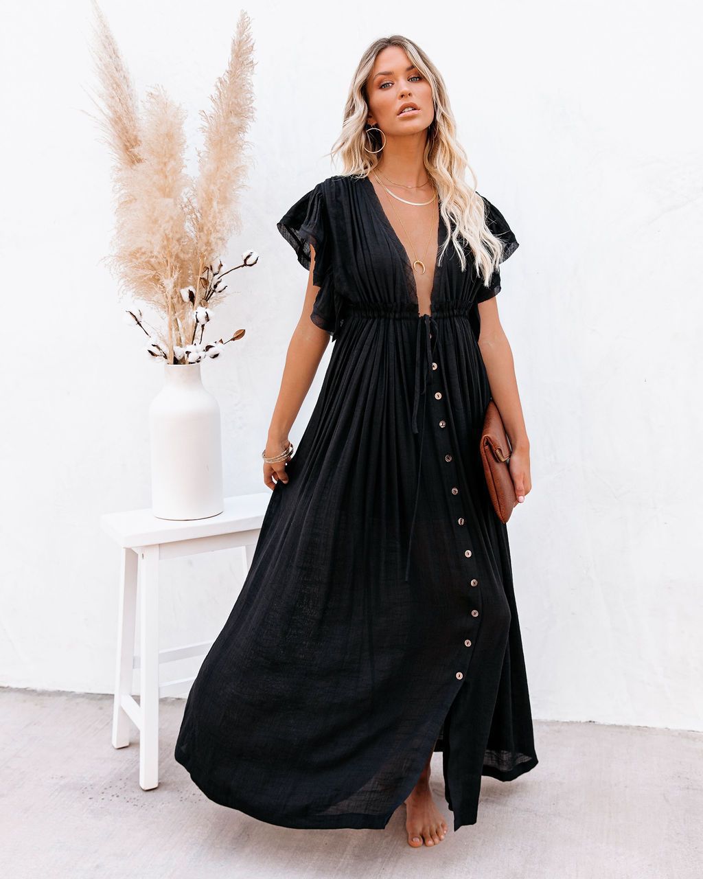 Women's black boho button-front maxi dress, sleeveless