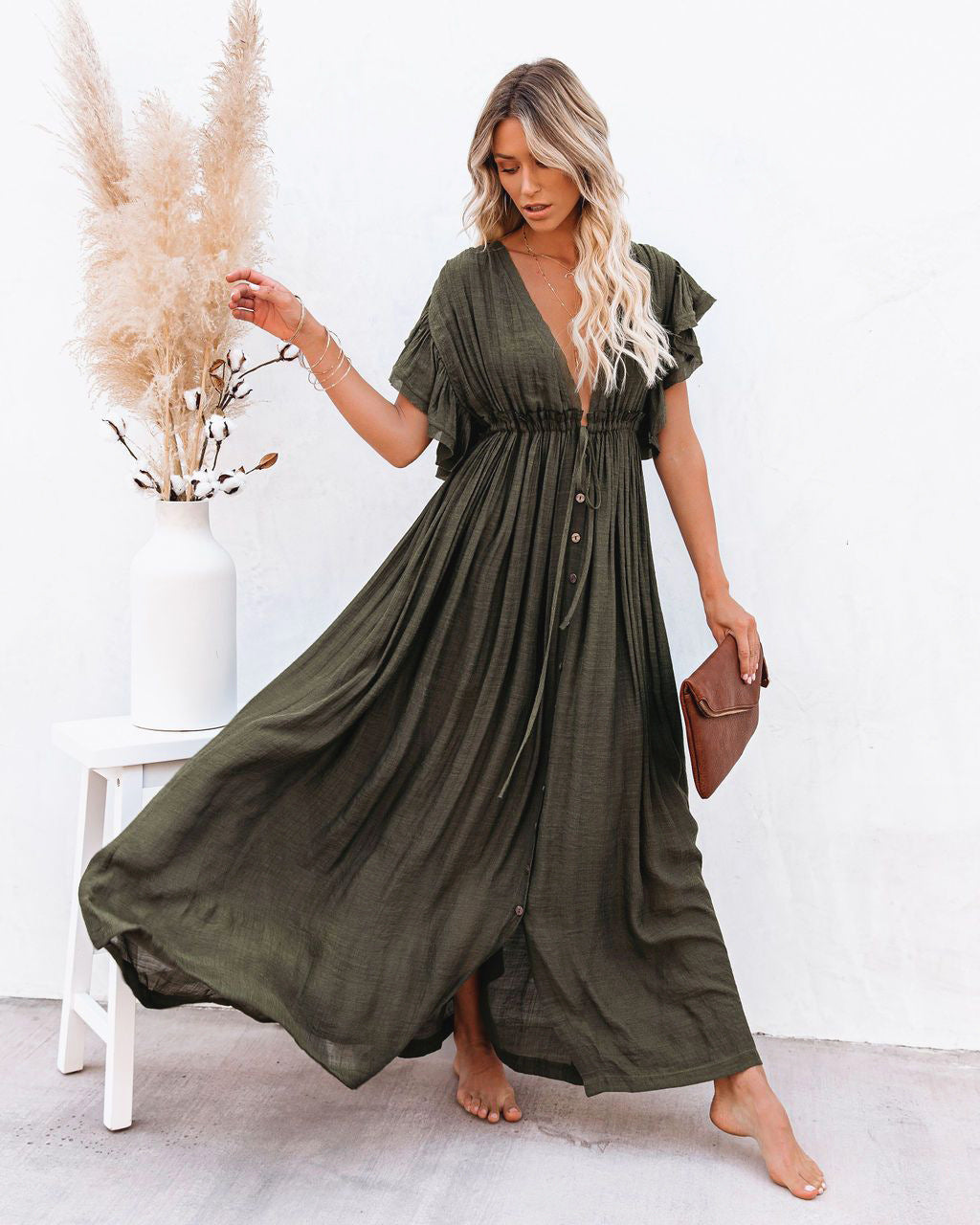 Women's army green boho button-front maxi dress, sleeveless