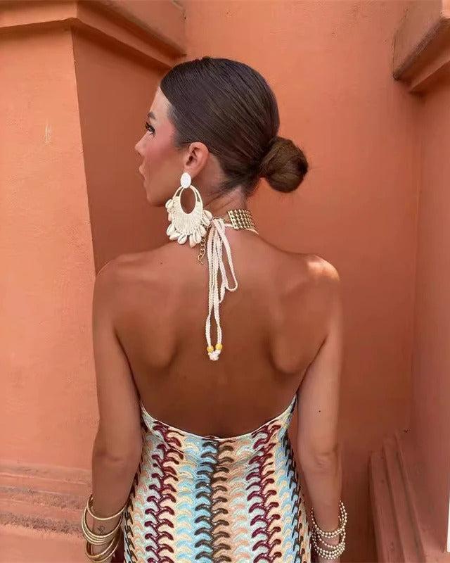 Women's beige floral halter neck maxi dress for wedding guests
