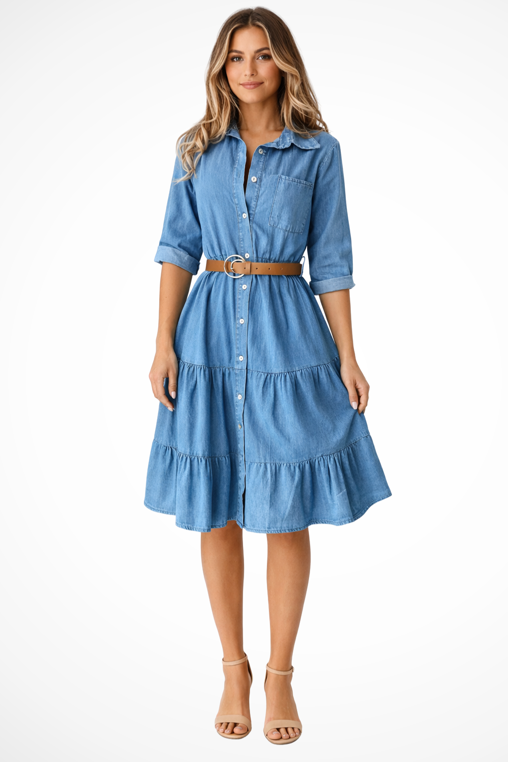 Women's denim tiered midi shirt dress with belt