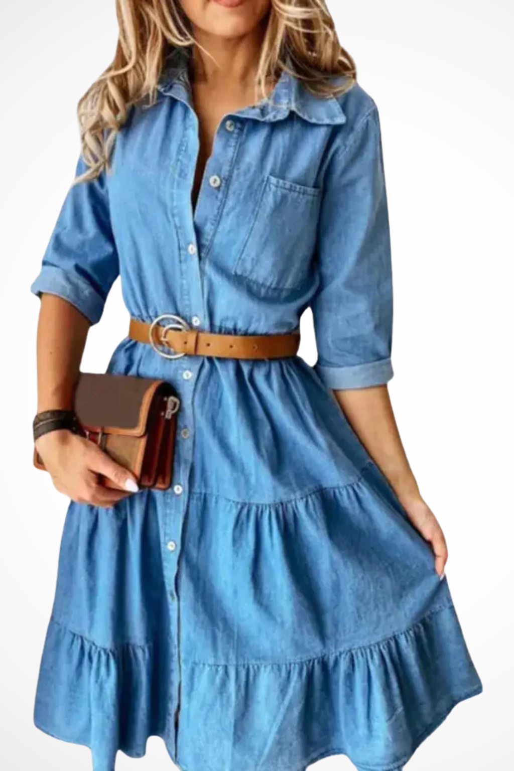 Women's denim tiered midi shirt dress with belt