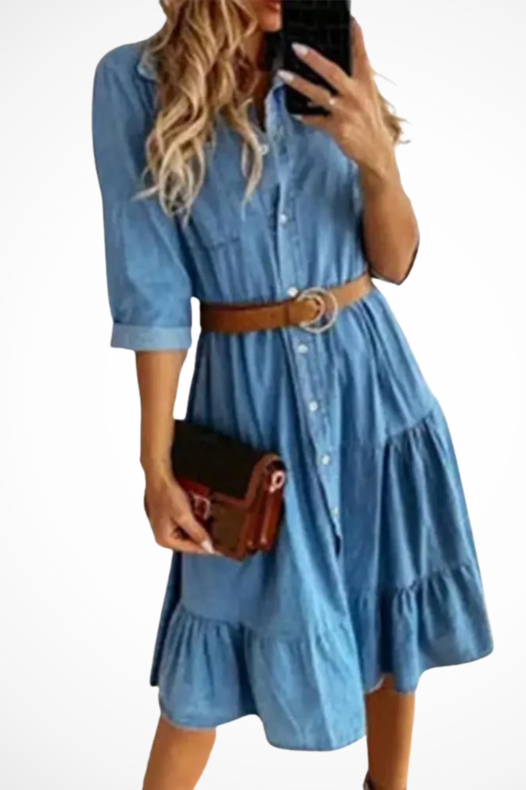 Women's denim tiered midi shirt dress with belt