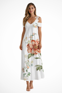 Women's Floral Cold-Shoulder Maxi Dress - Summer V-Neck