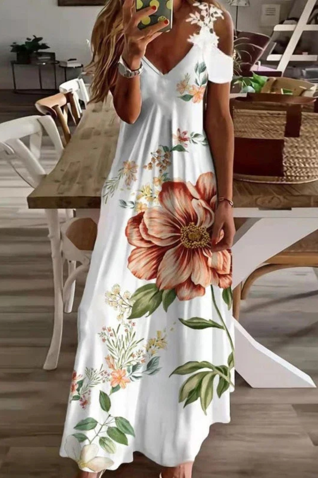 Women's floral cold-shoulder maxi dress with v-neck