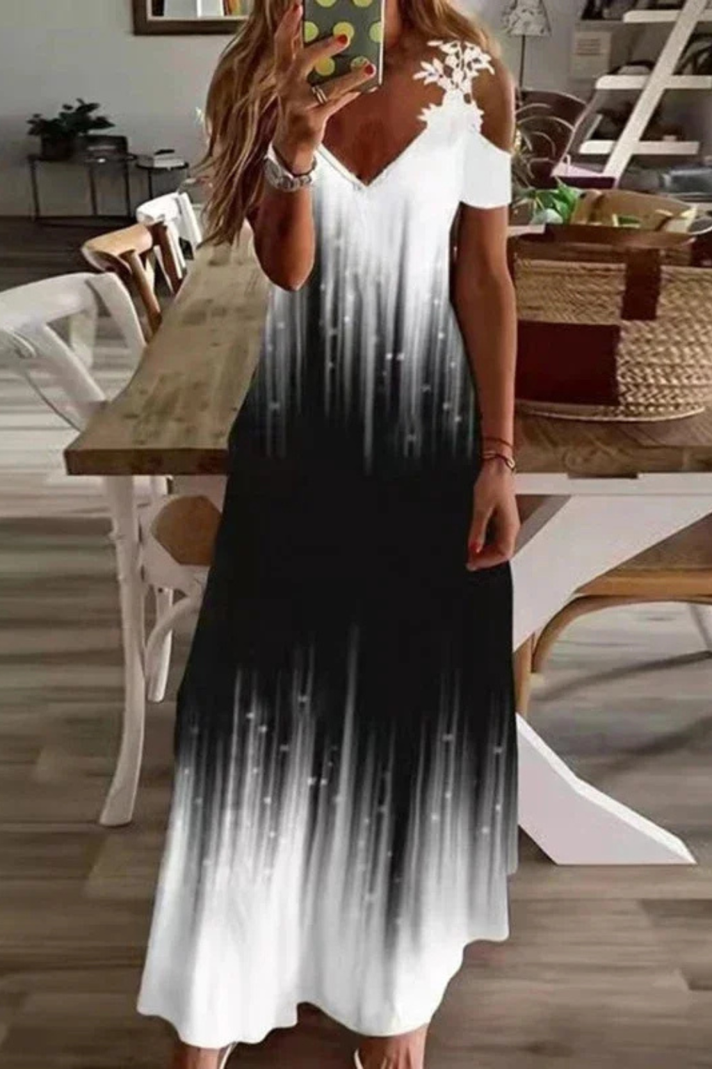 Women's floral cold-shoulder maxi dress with v-neck